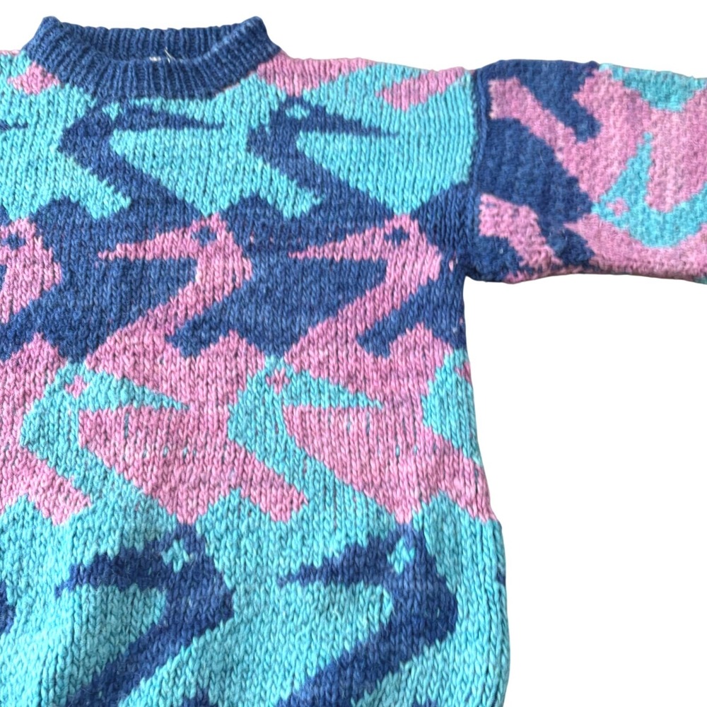 VTG Hand Made Ecuador Wool Sweater Mens Womens M Geometric Bird Knit Pullover - Picture 4 of 7
